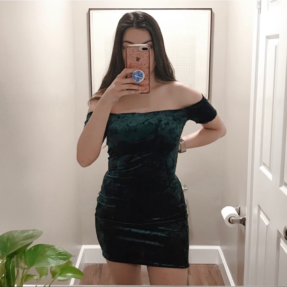 Green Crushed velvet off the shoulder mini dress